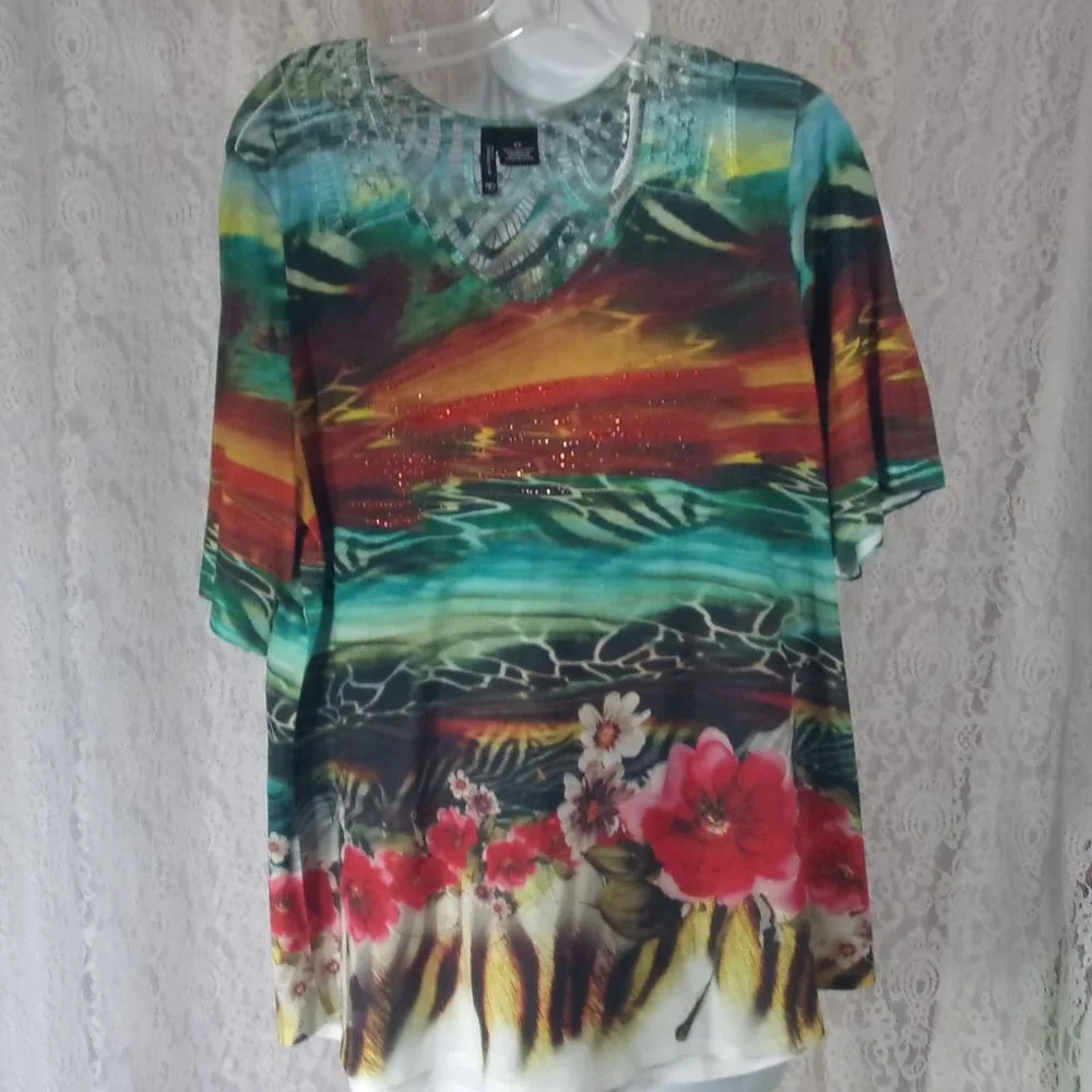 New Direction Tropical Print Green Pink Knit Top  NWOT  Plus 2X